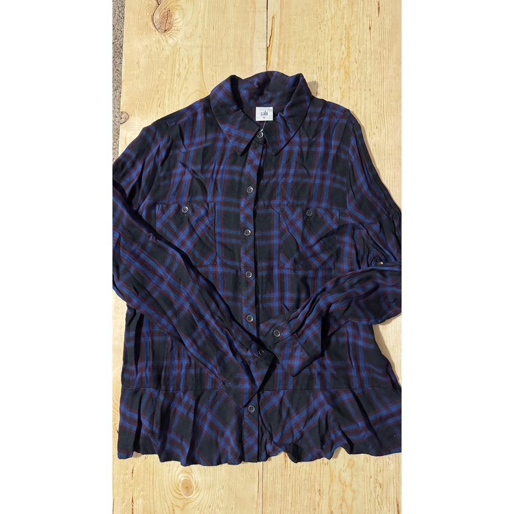 Cabi Womens XL Peplum Plaid Shirt Navy Blue Black Rayon‎ Button Up Top
